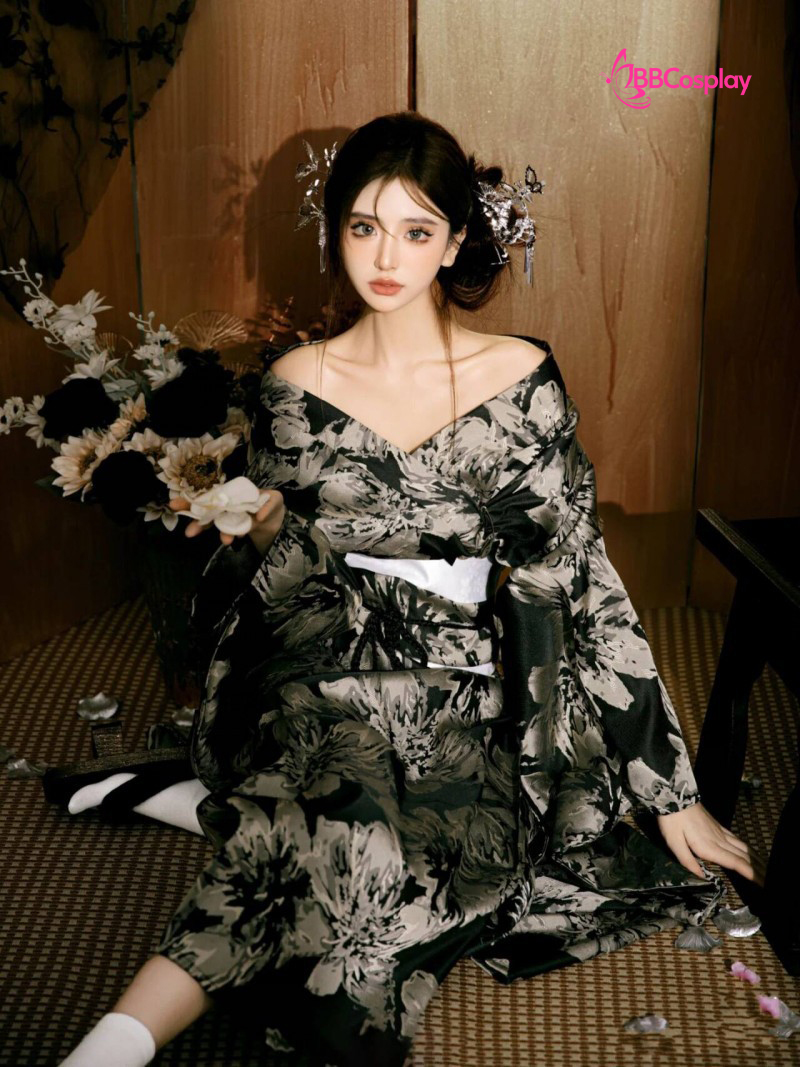 Áo Yukata Đen Hoa Trắng Xám - Mẫu Tay Ngắn