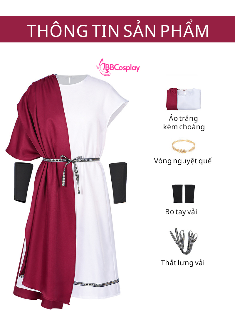 Đồ Thần Thoại Hy Lạp Thần Dionysus Áo Trắng Choàng Đỏ - Vải Kaki