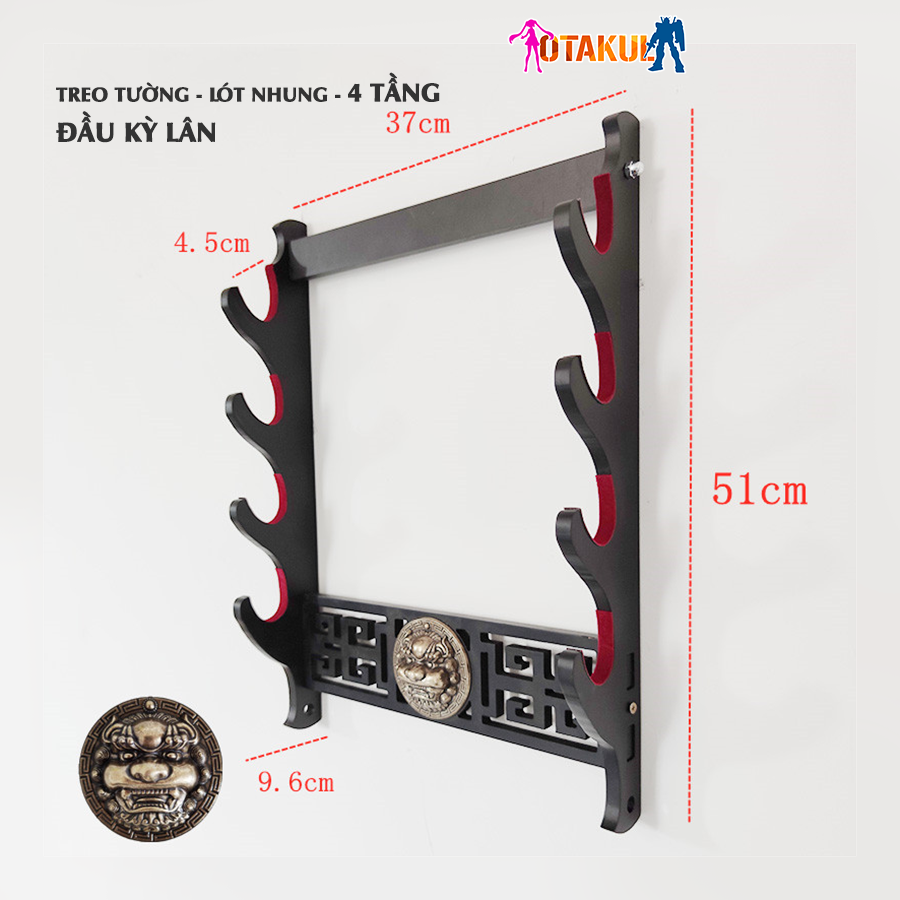 Giá Để Kiếm Treo Tường 4 Tầng CNC Khắc Hoạ Tiết Kỳ Lân Nổi 3D - Vẻ Đẹp Uy Quyền Và Sang Trọng