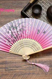 Uchiwa Quạt Vải Nhật Bản Hồng Hoa Lan Bướm Đậu