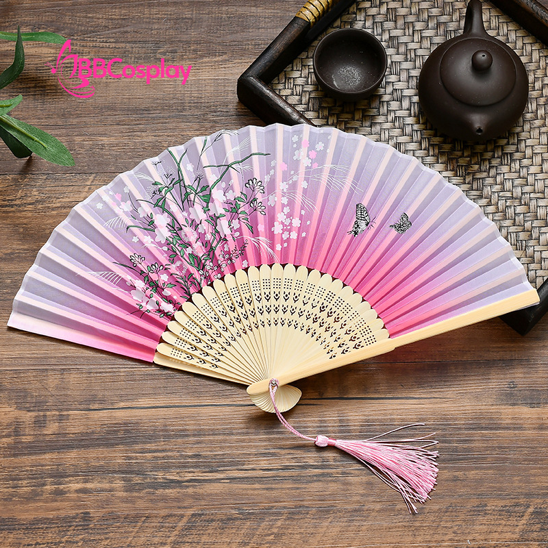 Uchiwa Quạt Vải Nhật Bản Hồng Hoa Lan Bướm Đậu