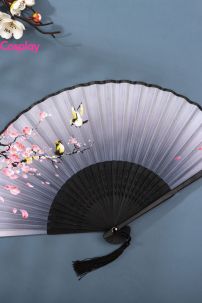 Uchiwa Quạt Vải Nhật Bản Đen Nhành Đào Sẻ Đậu