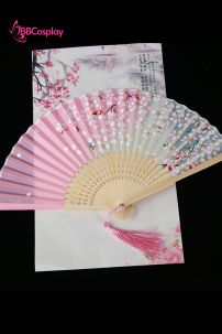 Uchiwa Quạt Vải Nhật Bản Hồng Xanh Lá Hoa Đào Rơi