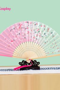Uchiwa Quạt Vải Nhật Bản Hồng Xanh Lá Hoa Đào Rơi