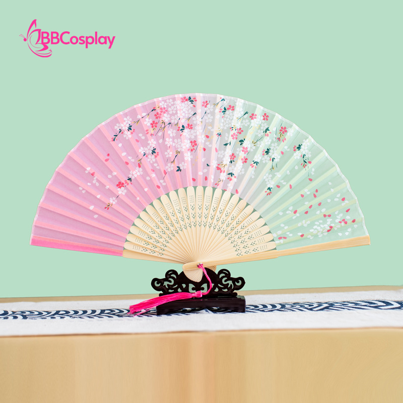 Uchiwa Quạt Vải Nhật Bản Hồng Xanh Lá Hoa Đào Rơi
