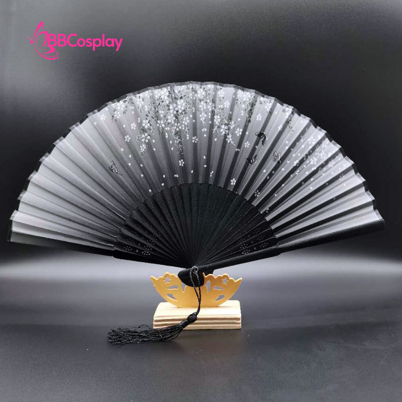 Quạt Xếp Đen Hoa Mai Trắng Nhỏ Xíu