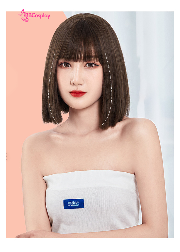 Tóc Giả Nâu Socola Mái Ngang Dài Ngang Vai