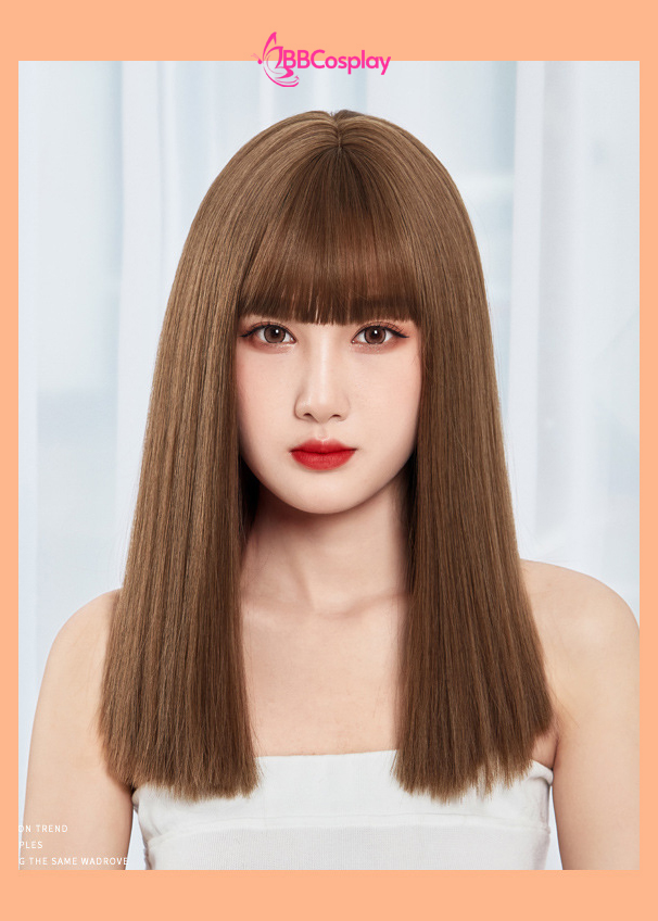 Tóc Giả Nâu Hạt Dẻ Mái Ngang Dài Qua Vai