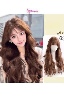 Tóc Giả Nâu Trà Mái Thưa Xoăn Sóng Dài