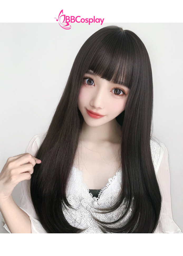 Tóc Giả Đen Nâu Mái Ngang Dài 80Cm