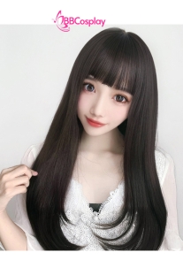 Tóc Giả Đen Nâu Mái Ngang Dài 80Cm