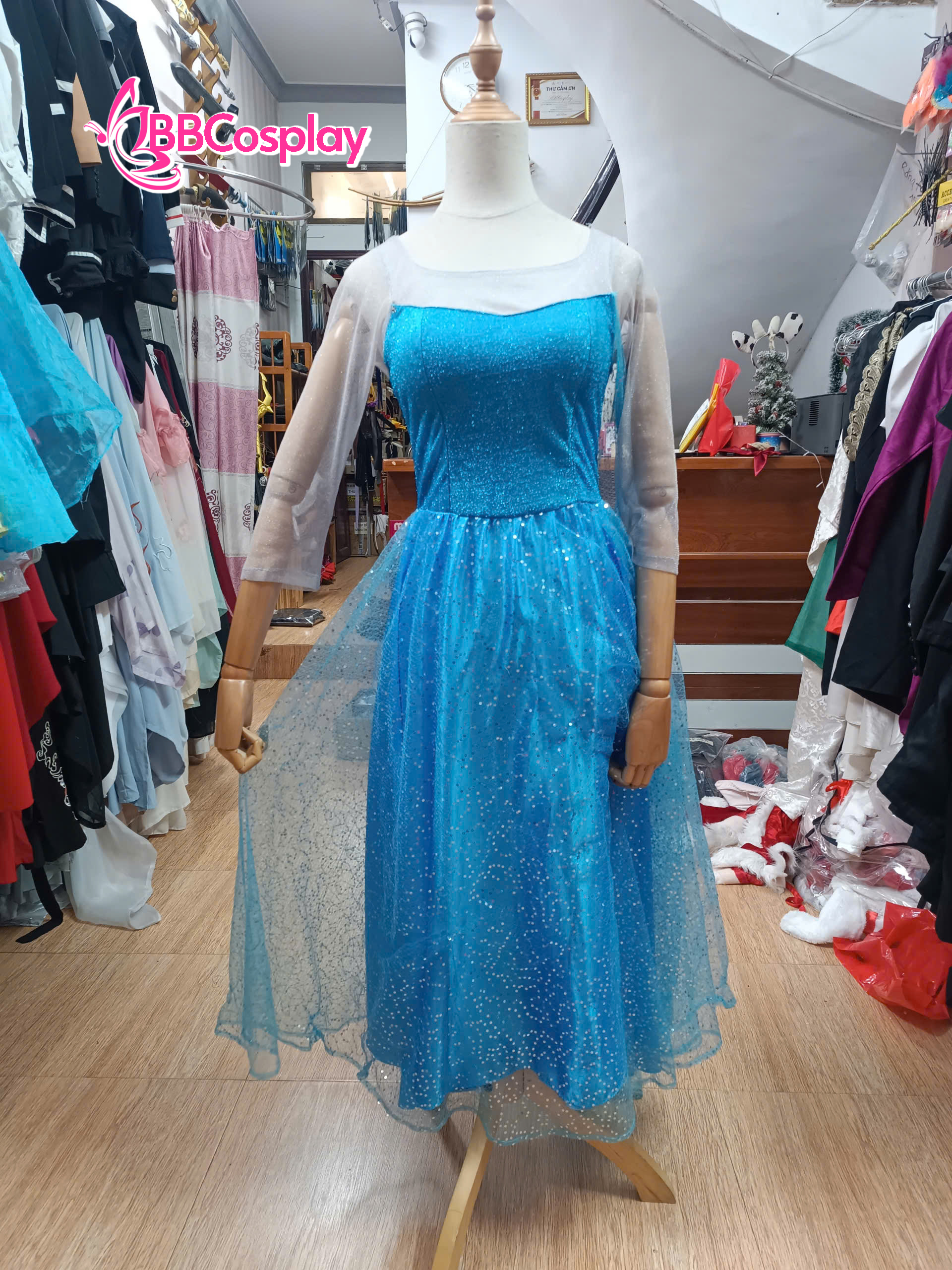 Đầm Nữ Hoàng Băng Giá Elsa Dạng Đầm Xoè Vải Kim Sa Xanh Nhạt - HÀNG SHOP MAY