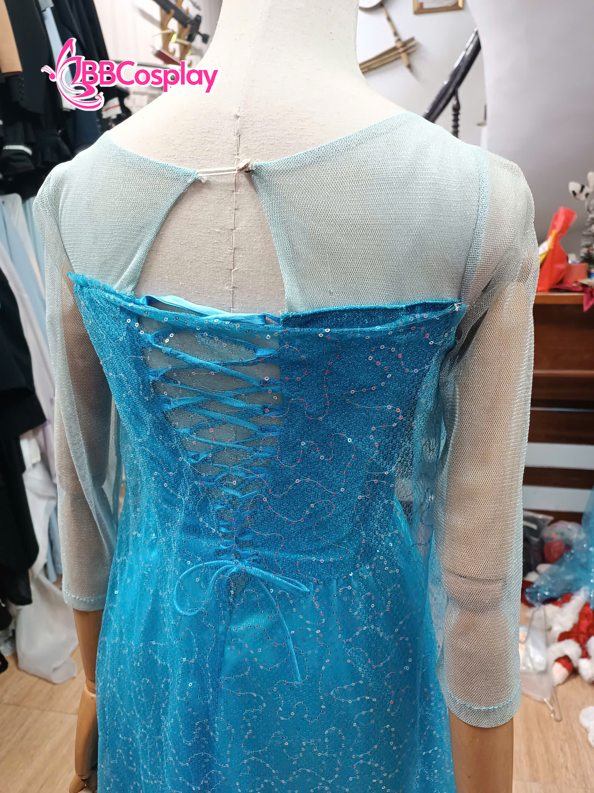 Đầm Nữ Hoàng Băng Giá Elsa Dạng Đầm Xoè Vải Kim Sa Xanh Nhạt - HÀNG SHOP MAY