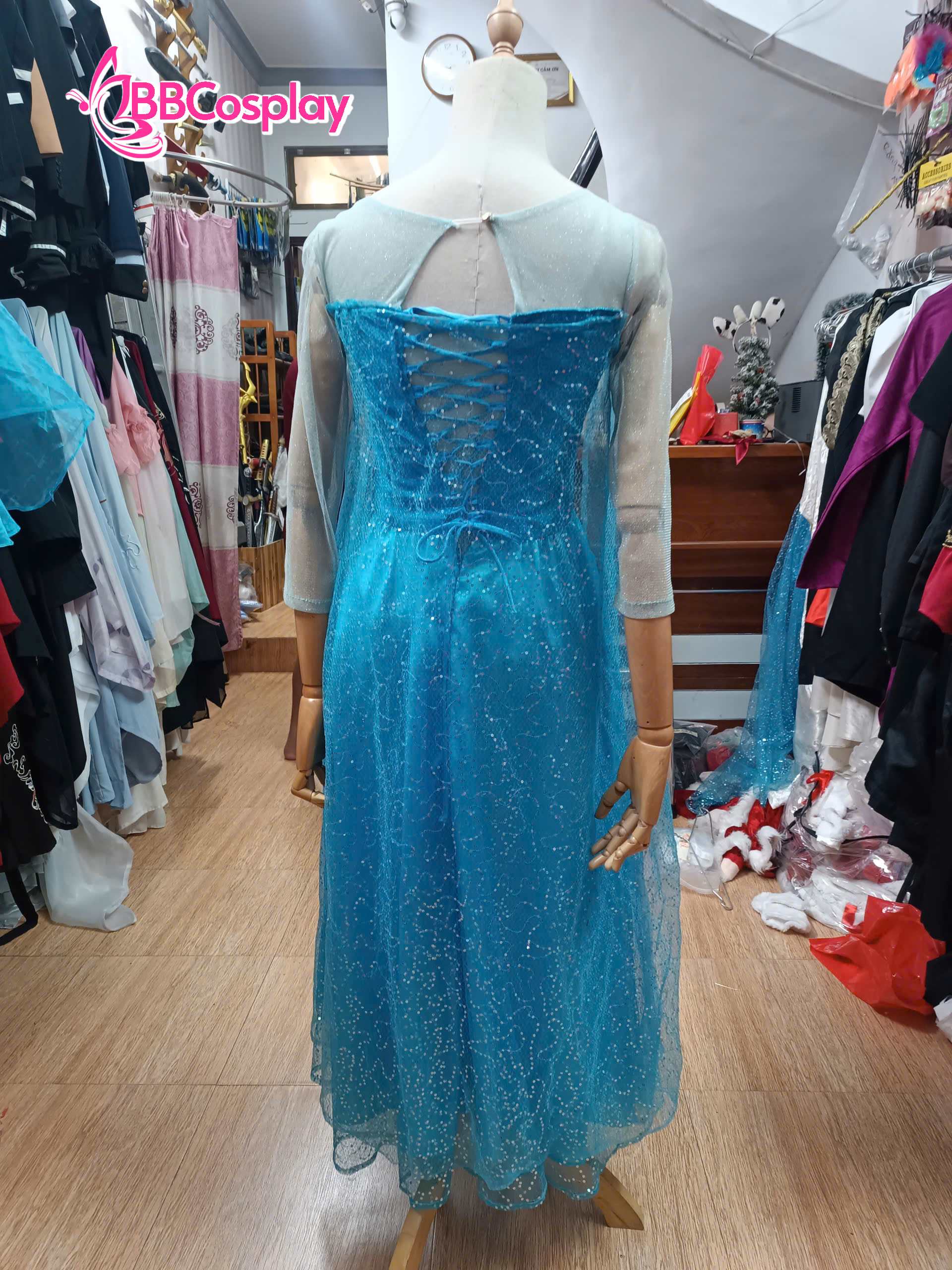 Đầm Nữ Hoàng Băng Giá Elsa Dạng Đầm Xoè Vải Kim Sa Xanh Nhạt - HÀNG SHOP MAY