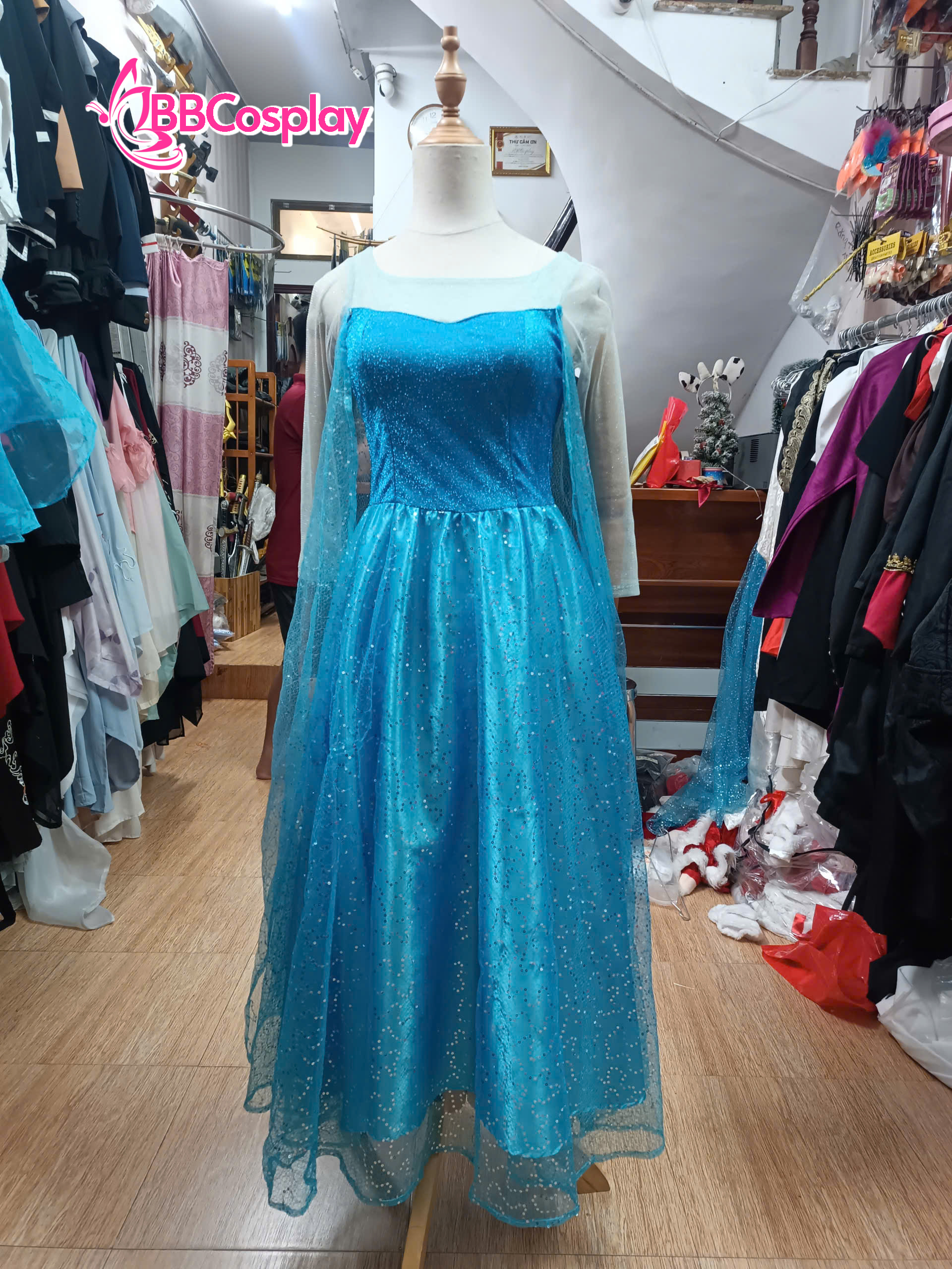 Đầm Nữ Hoàng Băng Giá Elsa Dạng Đầm Xoè Vải Kim Sa Xanh Nhạt - HÀNG SHOP MAY