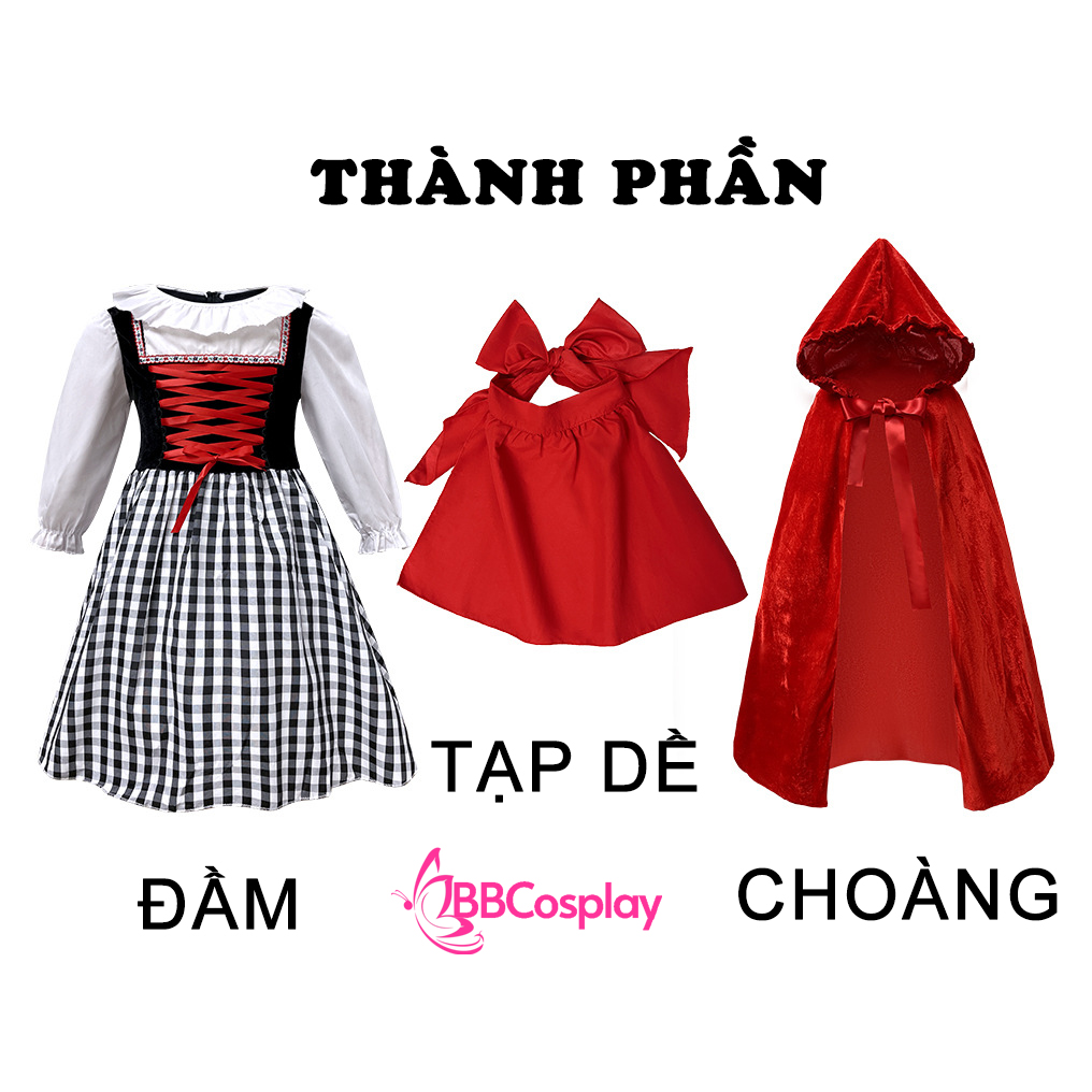 Đầm Hoá Trang Cô Bé Quàng Khăn Đỏ Váy Caro Đáng Yêu Cho Bé