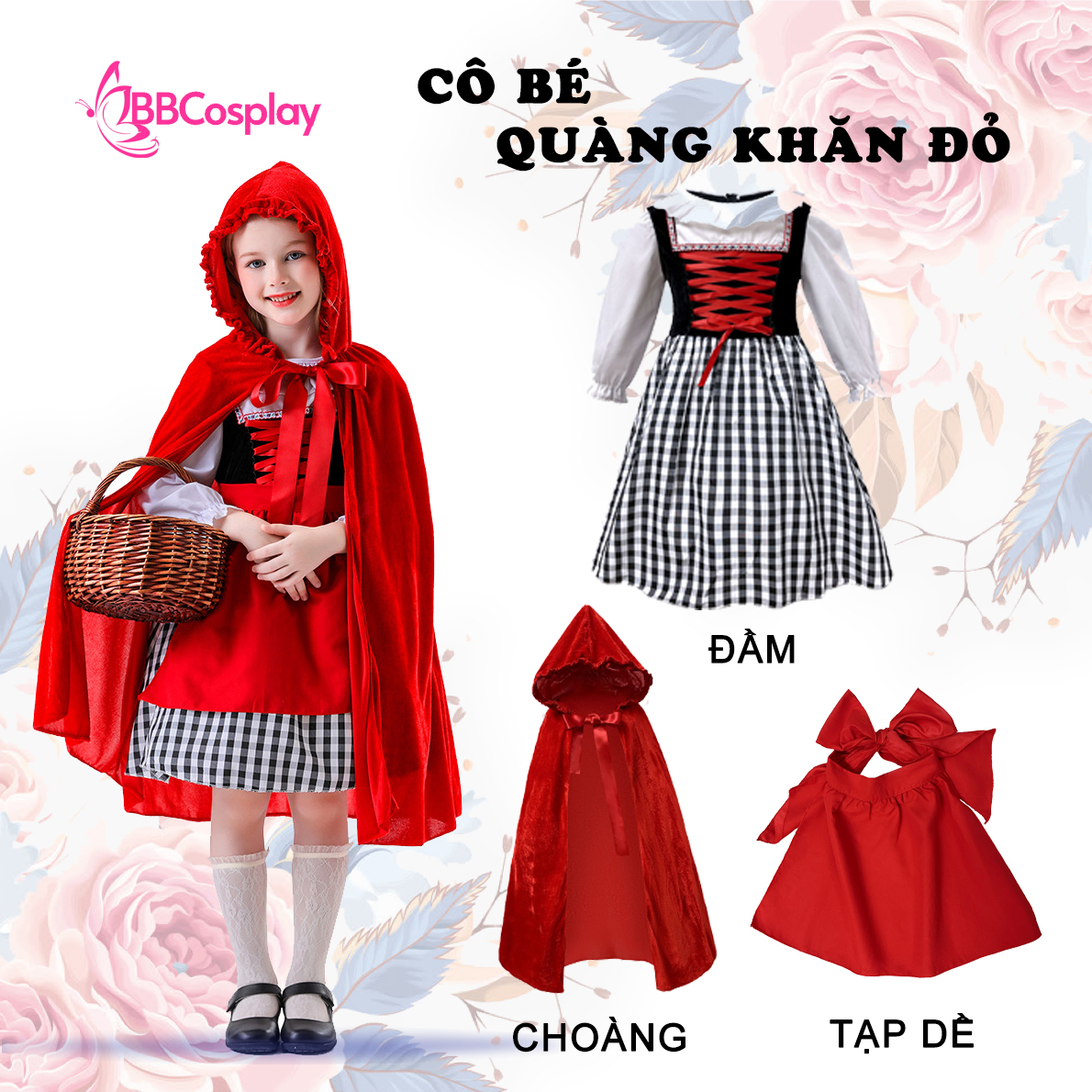 Đầm Hoá Trang Cô Bé Quàng Khăn Đỏ Váy Caro Đáng Yêu Cho Bé