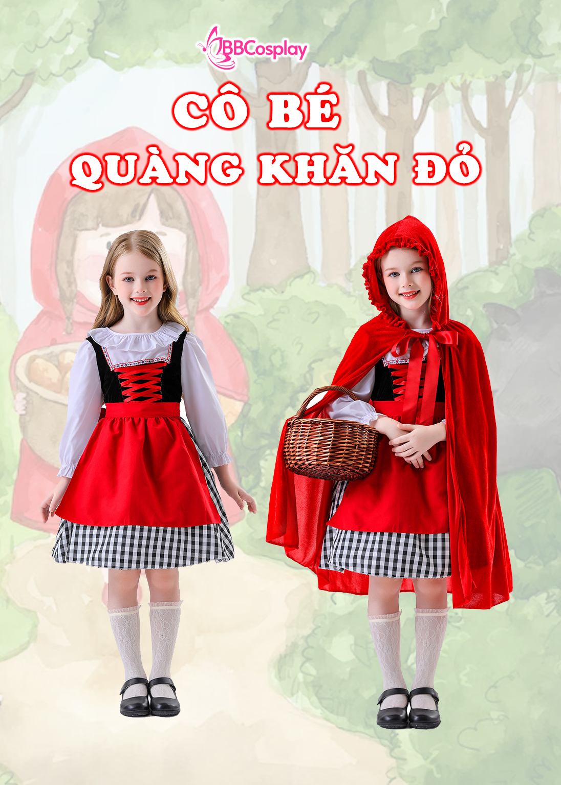 Đầm Hoá Trang Cô Bé Quàng Khăn Đỏ Váy Caro Đáng Yêu Cho Bé