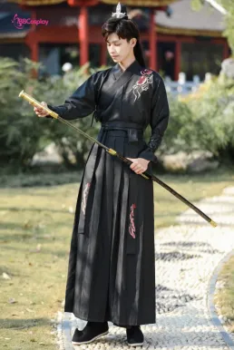 Cổ Trang Hắc Y Kiếm Khách Có Thêu Hình Đàn Tranh