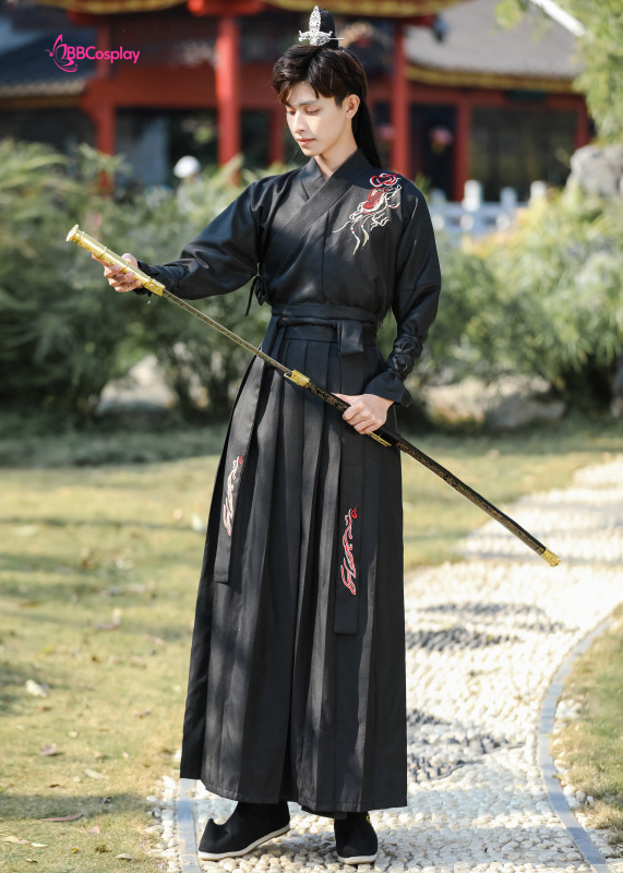 Cổ Trang Hắc Y Kiếm Khách Có Thêu Hình Đàn Tranh