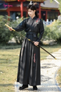 Cổ Trang Hắc Y Kiếm Khách Có Thêu Hình Đàn Tranh