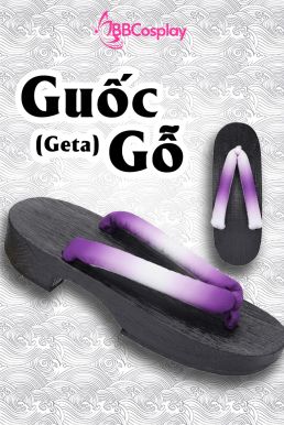 Guốc Gỗ Geta Bản Gỗ Nâu Đế Thấp Quai Tím Loan Màu