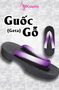 Guốc Gỗ Geta Bản Gỗ Nâu Đế Thấp Quai Tím Loan Màu