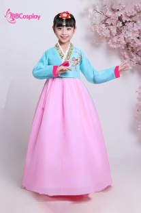 Hanbok Bé Gái Thêu Chim Áo Xanh Váy Hồng Nhạt