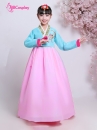 Hanbok Bé Gái Thêu Chim Áo Xanh Váy Hồng Nhạt