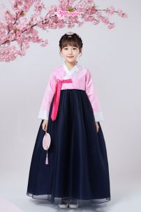 Hanbok Bé Gái Thêu Hoa Áo Hồng Váy Xanh Đậm