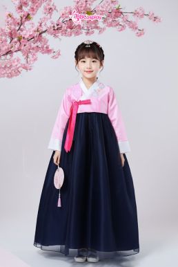 Hanbok Bé Gái Thêu Hoa Áo Hồng Váy Xanh Đậm