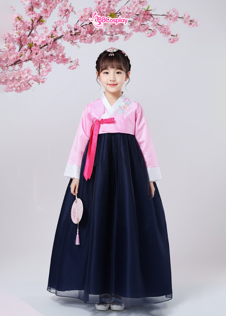 Hanbok Bé Gái Thêu Hoa Áo Hồng Váy Xanh Đậm