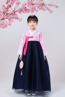 Hanbok Bé Gái Thêu Hoa Áo Hồng Váy Xanh Đậm