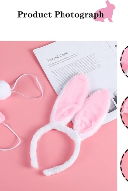 Băng Đô Tai Thỏ Kèm Đuôi Và Nơ, Phụ Kiện Trang Phục Dự Tiệc - Bunny Pink