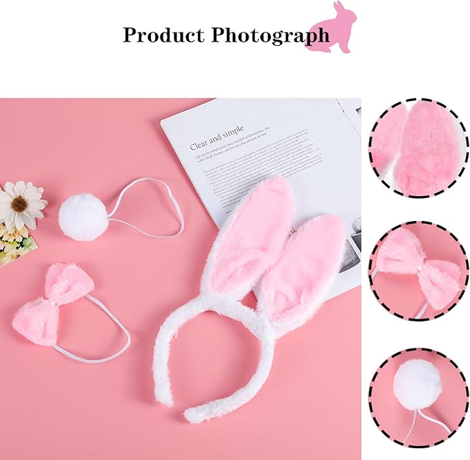 Băng Đô Tai Thỏ Kèm Đuôi Và Nơ, Phụ Kiện Trang Phục Dự Tiệc - Bunny Pink