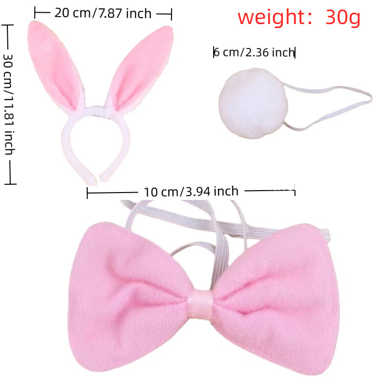 Băng Đô Tai Thỏ Kèm Đuôi Và Nơ, Phụ Kiện Trang Phục Dự Tiệc - Bunny Pink