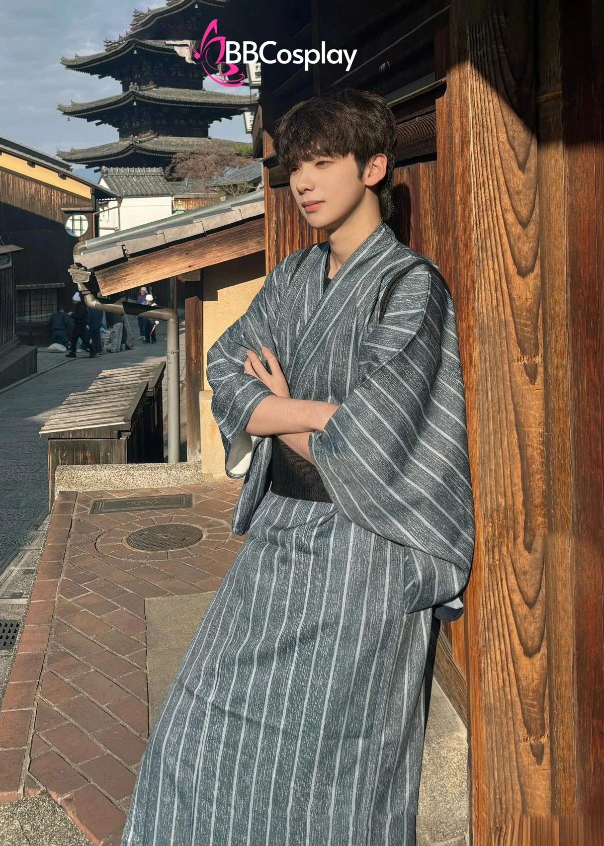 Nagagi Xám Đậm Kẻ Trắng - Yukata Nam Xám Sọc Trắng