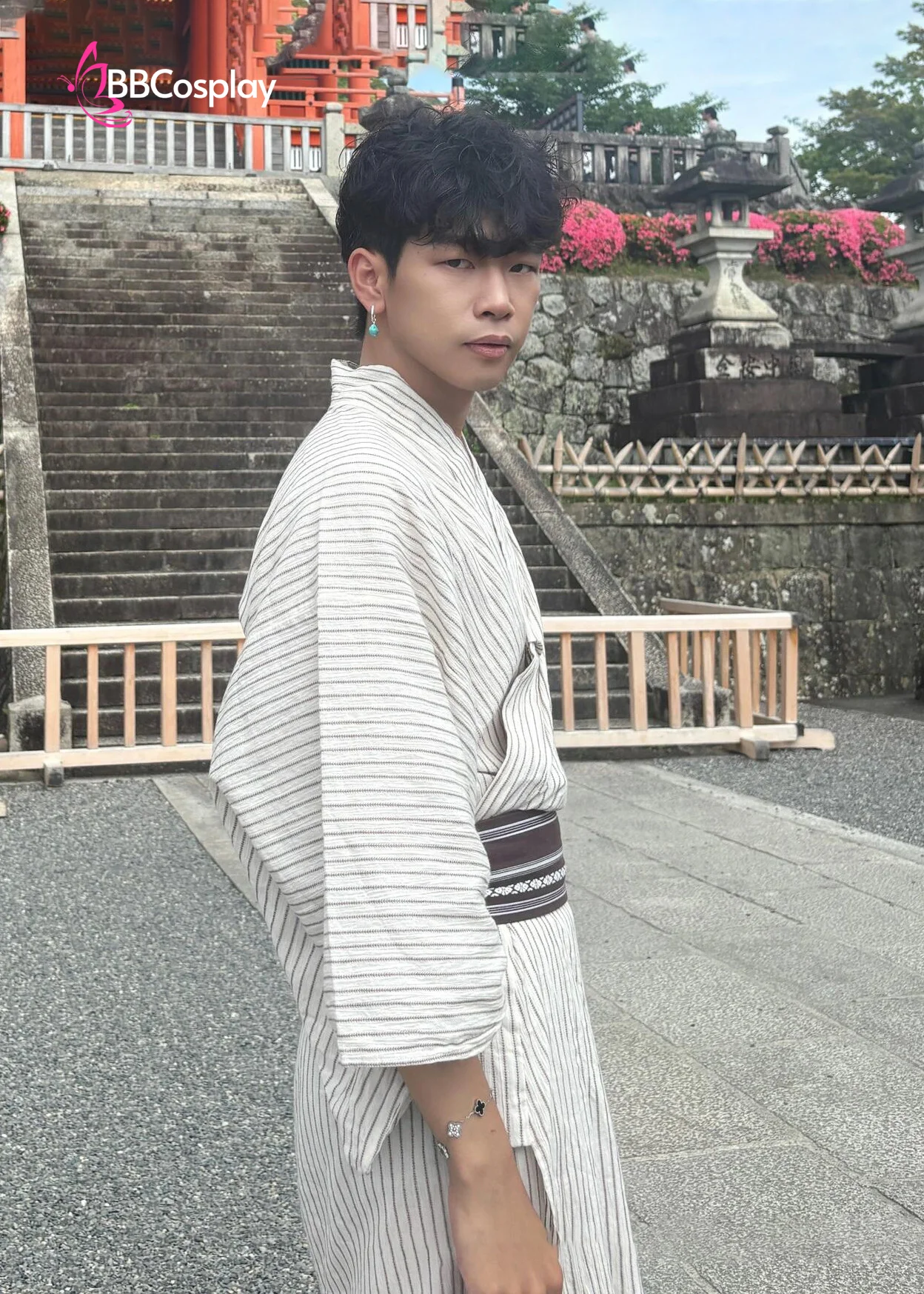 Nagagi Trắng Sọc Xám - Yukata Nam Trắng Sọc