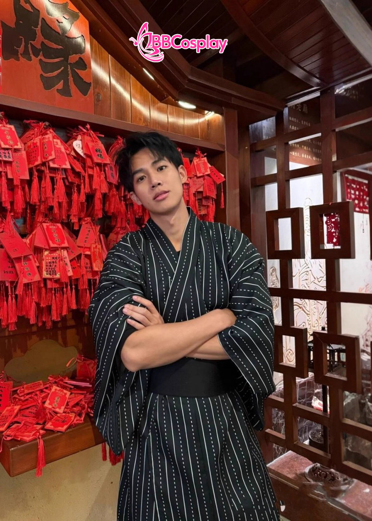 Nagagi Đen Sọc Trắng - Yukata Nam Đen Sọc Trắng