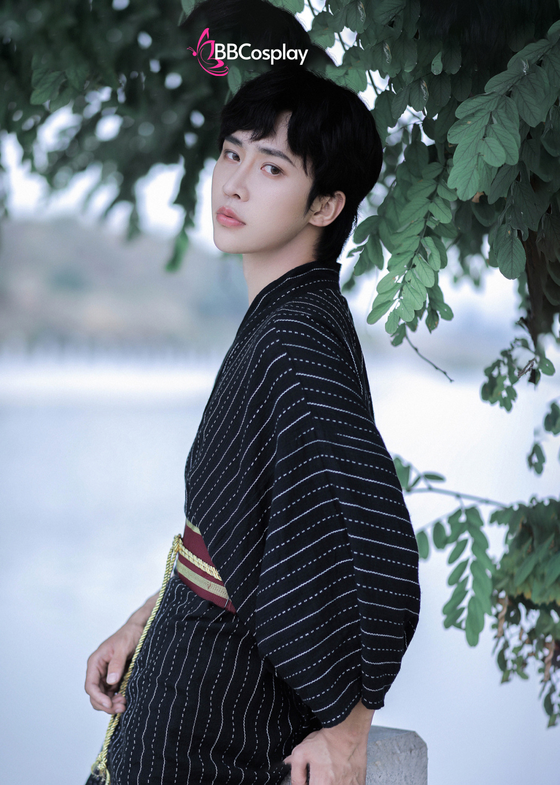 Nagagi Đen Sọc Trắng - Yukata Nam Đen Sọc Trắng