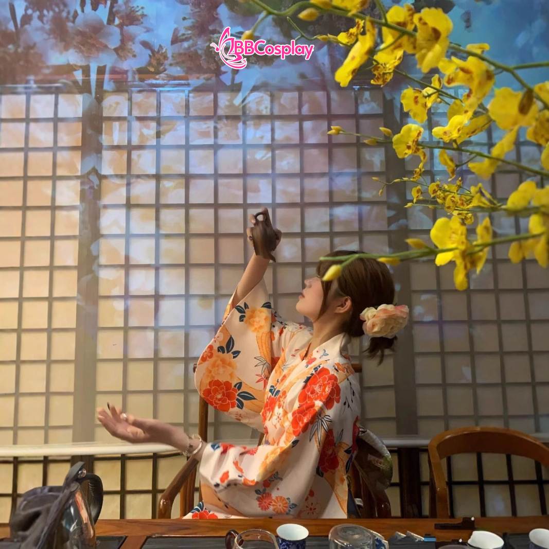 Áo Yukata Vàng Kem Hoa Cúc Đỏ