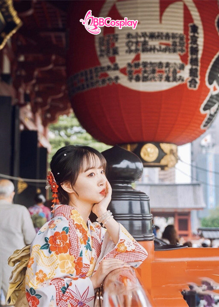 Áo Yukata Vàng Kem Hoa Cúc Đỏ