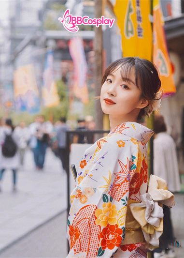 Áo Yukata Vàng Kem Hoa Cúc Đỏ