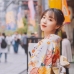 Áo Yukata Vàng Kem Hoa Cúc Đỏ