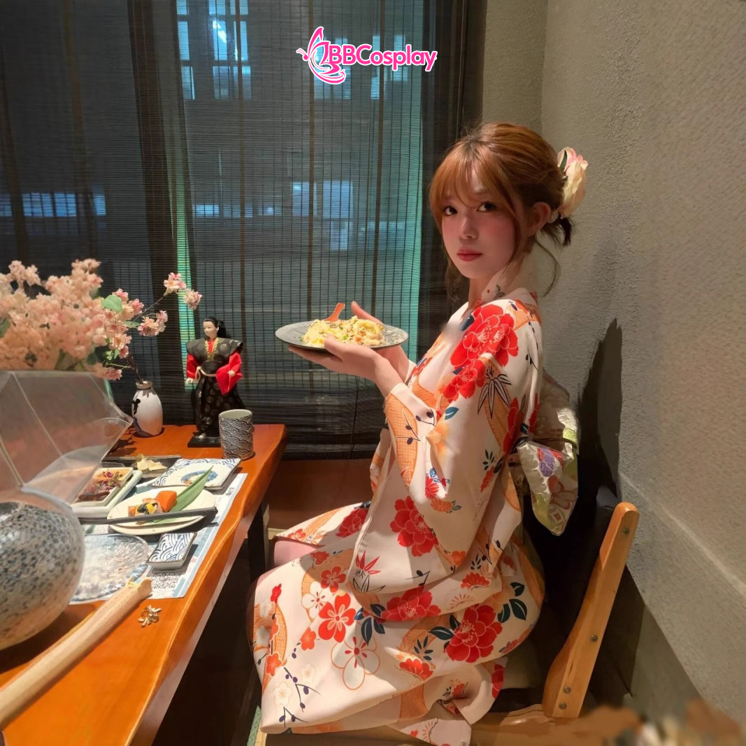 Áo Yukata Vàng Kem Hoa Cúc Đỏ