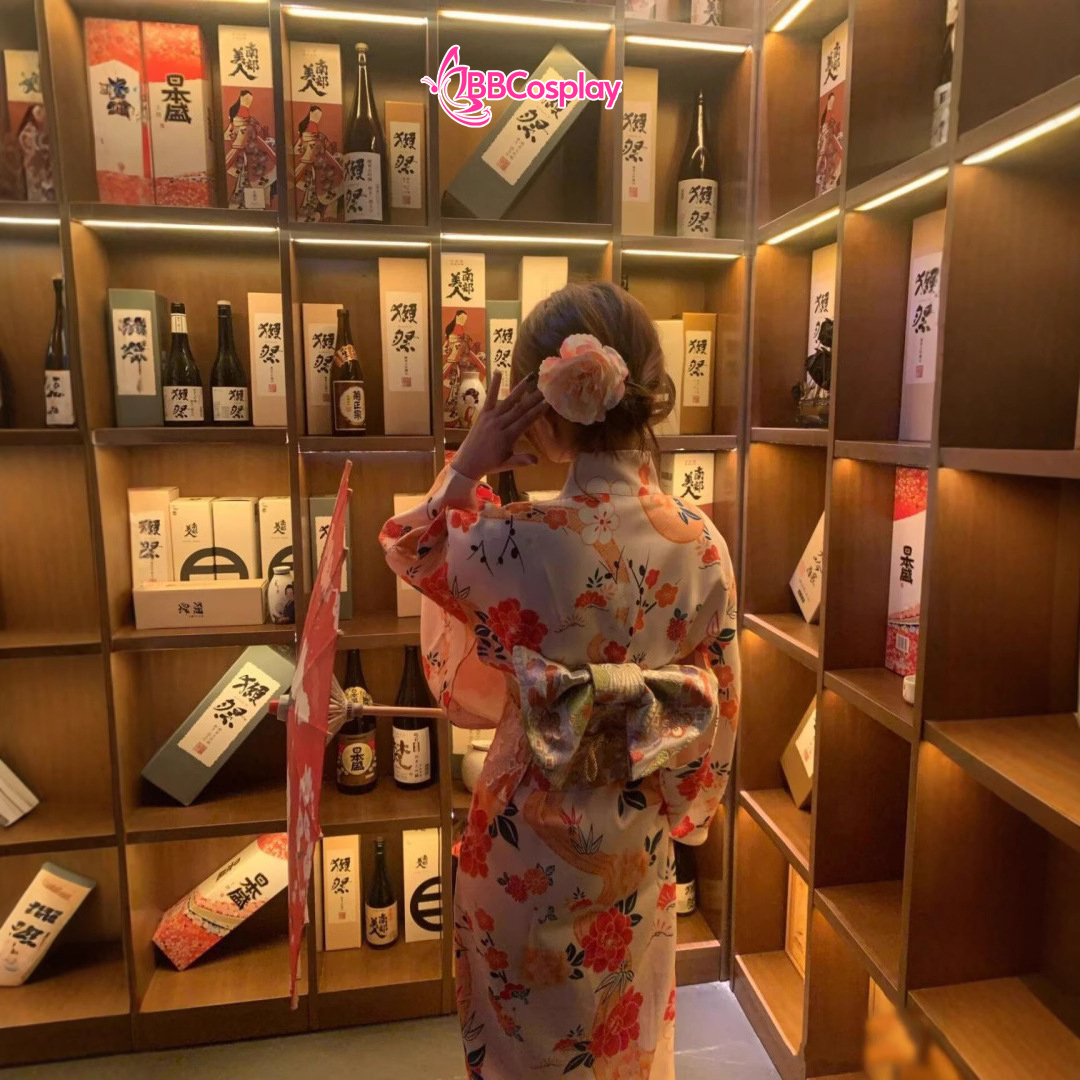 Áo Yukata Vàng Kem Hoa Cúc Đỏ