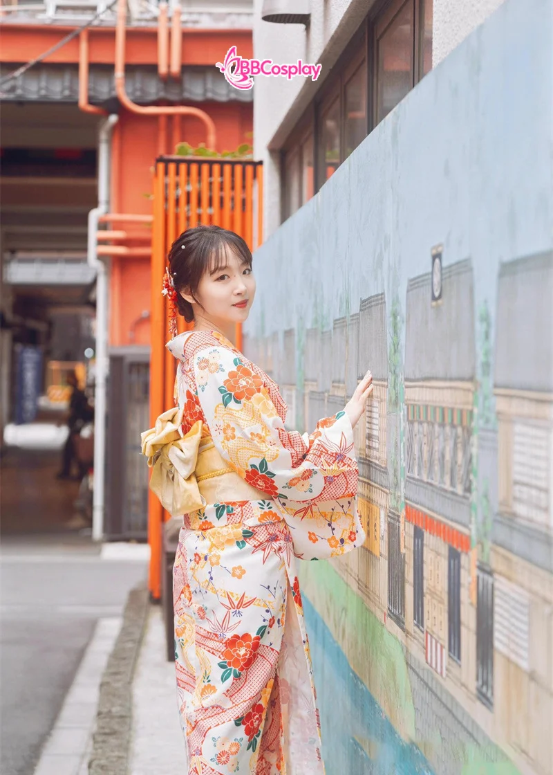 Áo Yukata Vàng Kem Hoa Cúc Đỏ