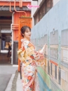 Áo Yukata Vàng Kem Hoa Cúc Đỏ
