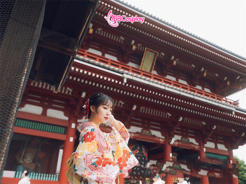 Áo Yukata Vàng Kem Hoa Cúc Đỏ