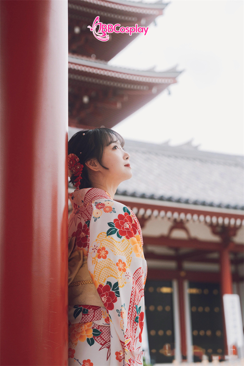 Áo Yukata Vàng Kem Hoa Cúc Đỏ